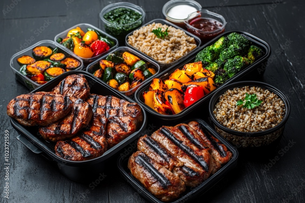 A meal prep scene with a variety of grilled meats, roasted vegetables, and brown rice, with containers ready for easy access throughout the week A meal prep scene with a variety of grilled meats, roasted vegetables, and brown rice, with containers ready for easy access throughout the week