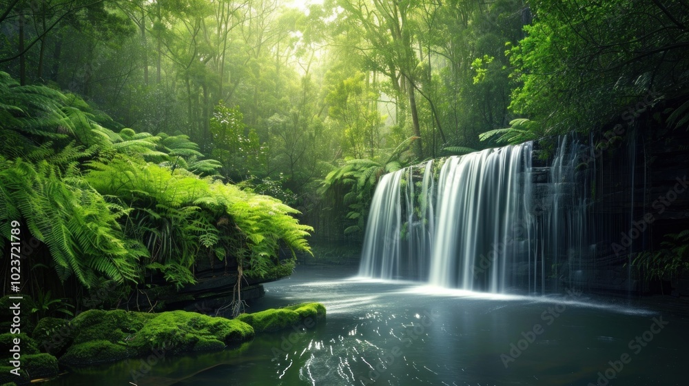 Serene Waterfall in a Lush Rainforest Serene Waterfall in a Lush Rainforest