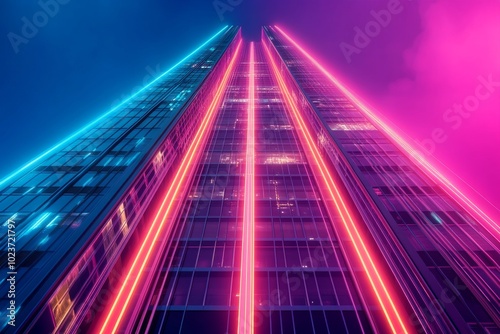 Wallpaper Mural Dynamic abstract background with a futuristic skyscraper, highlighted by neon lights and geometric shapes. Torontodigital.ca