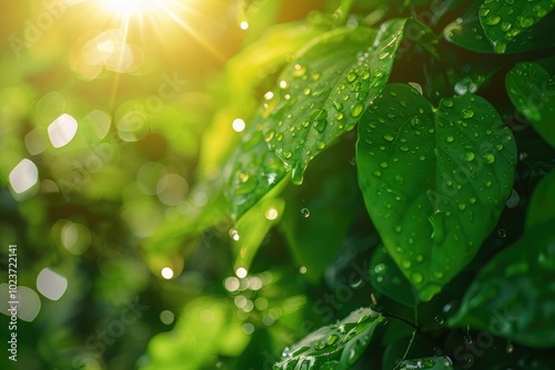 Morning dew on leaves in nature green tones background.