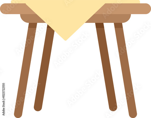 Simple wooden table with four legs covered with yellow tablecloth isolated on white background
