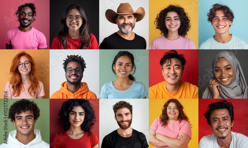 Carefree multiracial people, different ages, showing happy smiles. Collection mosaic close portraits over colorful studio background, creative image, square photo