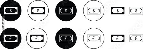 International currency symbol icons set. Currency dollar Pound black vector, salary money, invest finance, dollar America pound british, line and flat sign isolated on transparent background