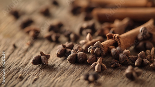 Imagine a close-up of whole cloves scattered on a rustic wooden surface. 