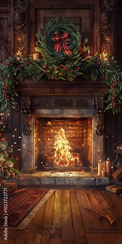 Festive fireplace scene with blank space for custom messages.