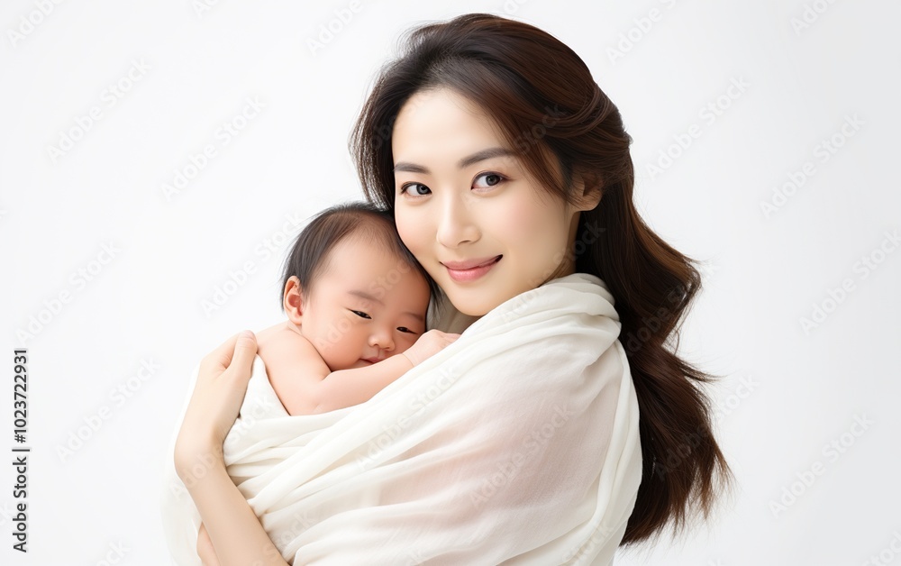 Pretty asian woman smile and holding a newborn baby in her arms. A hug of affection. love people concept Pretty asian woman smile and holding a newborn baby in her arms. A hug of affection. love people concept
