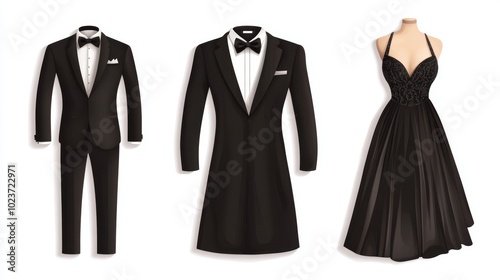 black tie event clothing, featuring sleek tuxedo suit and fashionable evening dress, formal and trendy, vector art, isolated on white