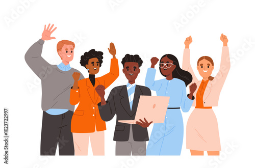 Business team celebrate success. Happy women and men office workers in suits. Corporate achievement. Colleagues and partners, employees. Flat vector illustration isolated on white background