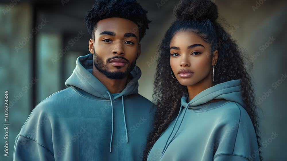 urban streetwear duo man and woman standing side by side both wearing trendy oversized hoodies their confident postures and neutral expressions embody contemporary urban fashion