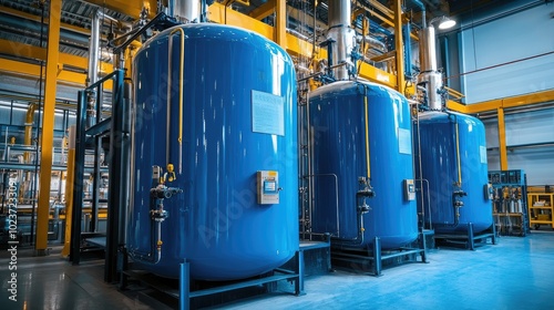 Industrial blue tanks with sophisticated control panels in a cutting-edge factory, highlighting advanced processes. No people.