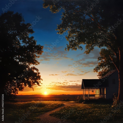 Scenic sunset view with a house, tree silhouettes, and a vibrant sky in the background.