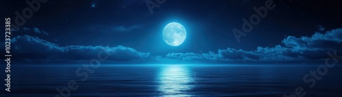 Serene ocean view under a brilliant moonlight, reflecting on calm waters with dramatic clouds in the night sky.