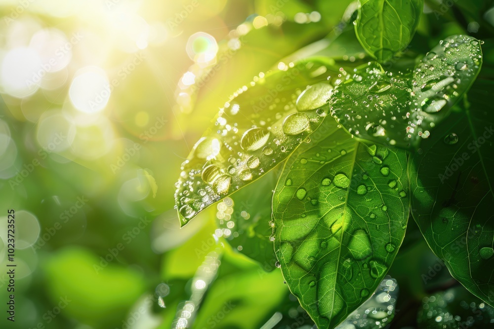 Morning dew on leaves in nature green tones background. Morning dew on leaves in nature green tones background.