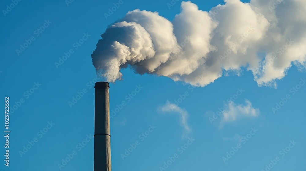 Industrial chimneys at a power plant releasing emissions into the atmosphere under a blue sky, symbolizing energy and industry. No people. Industrial chimneys at a power plant releasing emissions into the atmosphere under a blue sky, symbolizing energy and industry. No people.