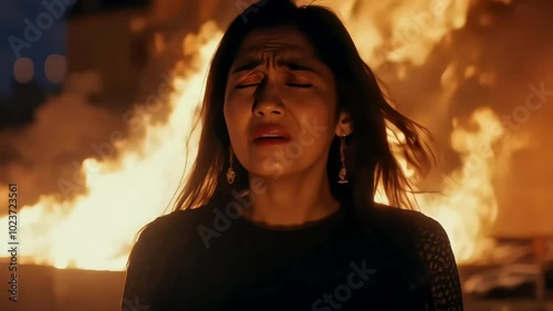 Emotional woman standing in front of a fire, her face filled with anguish