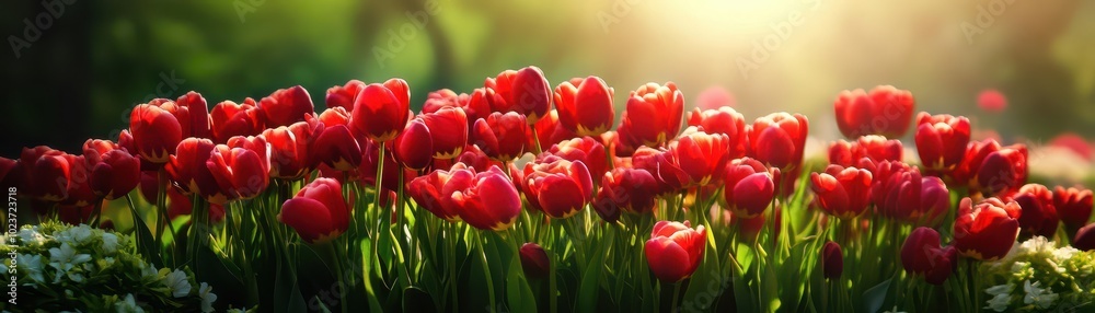 Vibrant red tulips blooming under warm sunlight in a lush garden setting. Vibrant red tulips blooming under warm sunlight in a lush garden setting.