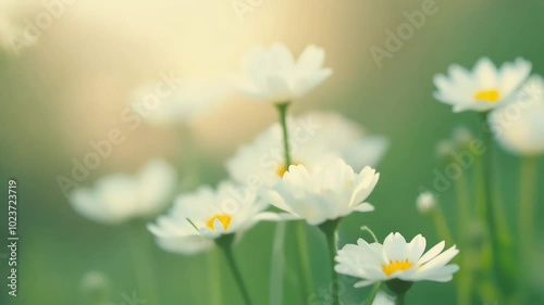 Soft-focus daisies in a green field bathed in gentle sunlight
