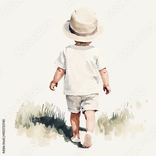 A charming illustration of a young child walking barefoot in nature, wearing a hat, evoking feelings of innocence and exploration.