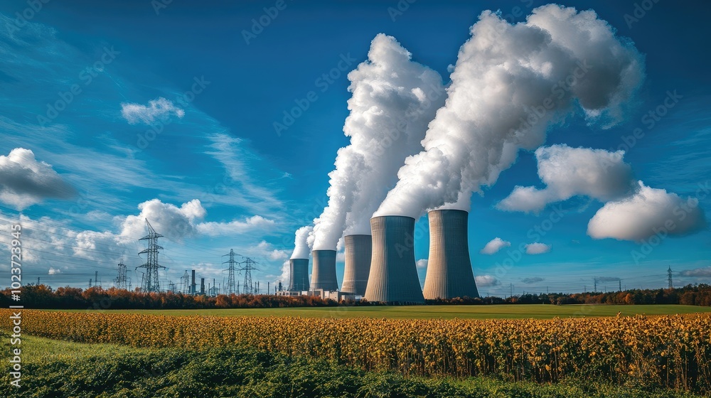 Industrial power plant chimneys releasing emissions into the air under a bright blue sky, symbolizing energy and industry. No people. Industrial power plant chimneys releasing emissions into the air under a bright blue sky, symbolizing energy and industry. No people.