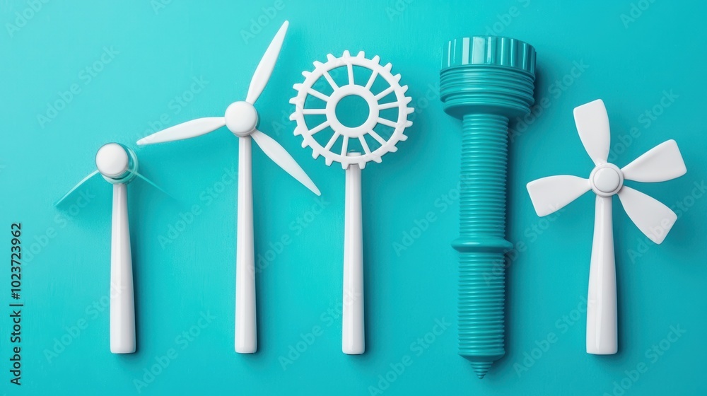 Creative depiction of various white wind turbine models on a blue background, symbolizing renewable energy and innovation. Creative depiction of various white wind turbine models on a blue background, symbolizing renewable energy and innovation.