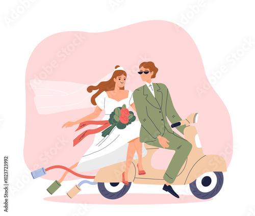 Happy wedding couple. Man in suit and woman with bouquet on scooter. Romance and love. Bride and groom at marriage ceremony. Husband and wife. Flat vector illustration isolated on white background