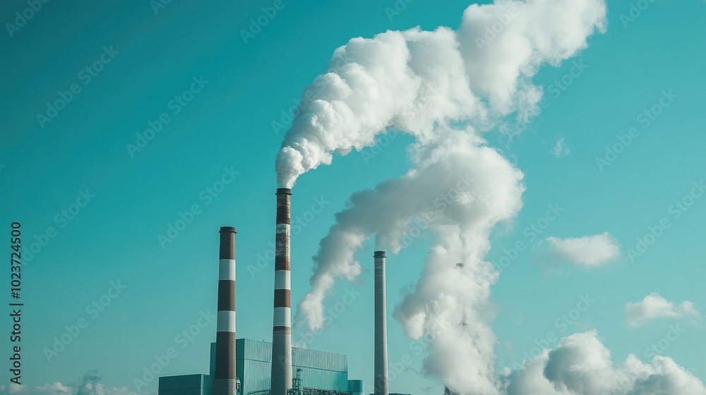 Industrial power plant with multiple chimneys emitting smoke under a blue sky, representing energy and industrial output. No people. Industrial power plant with multiple chimneys emitting smoke under a blue sky, representing energy and industrial output. No people.