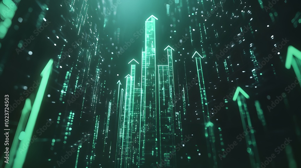 A green, glowing arrow on the background of stock market charts A green, glowing arrow on the background of stock market charts