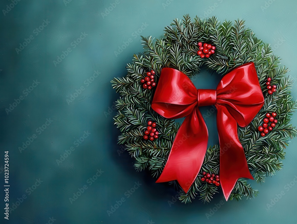 Red satin bow, placed on a green wreath, holiday charm, watercolor texture Red satin bow, placed on a green wreath, holiday charm, watercolor texture