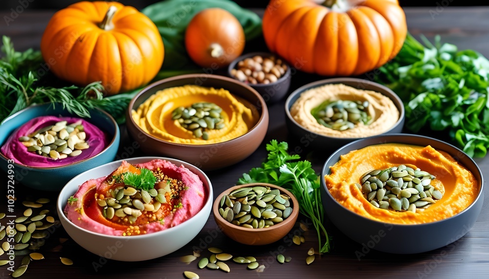 A beautifully arranged table featuring various dishes that include pumpkin seeds, such as a colorful salad topped with roasted seeds, a bowl of creamy pumpkin seed hummus. A beautifully arranged table featuring various dishes that include pumpkin seeds, such as a colorful salad topped with roasted seeds, a bowl of creamy pumpkin seed hummus.