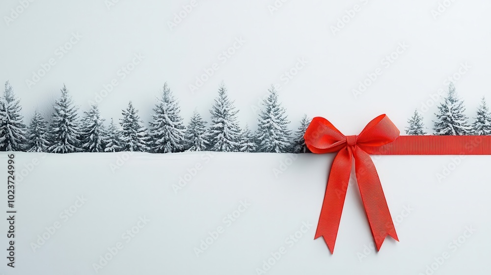 Red ribbon bow, softly tied, snow-covered trees in the background, watercolor