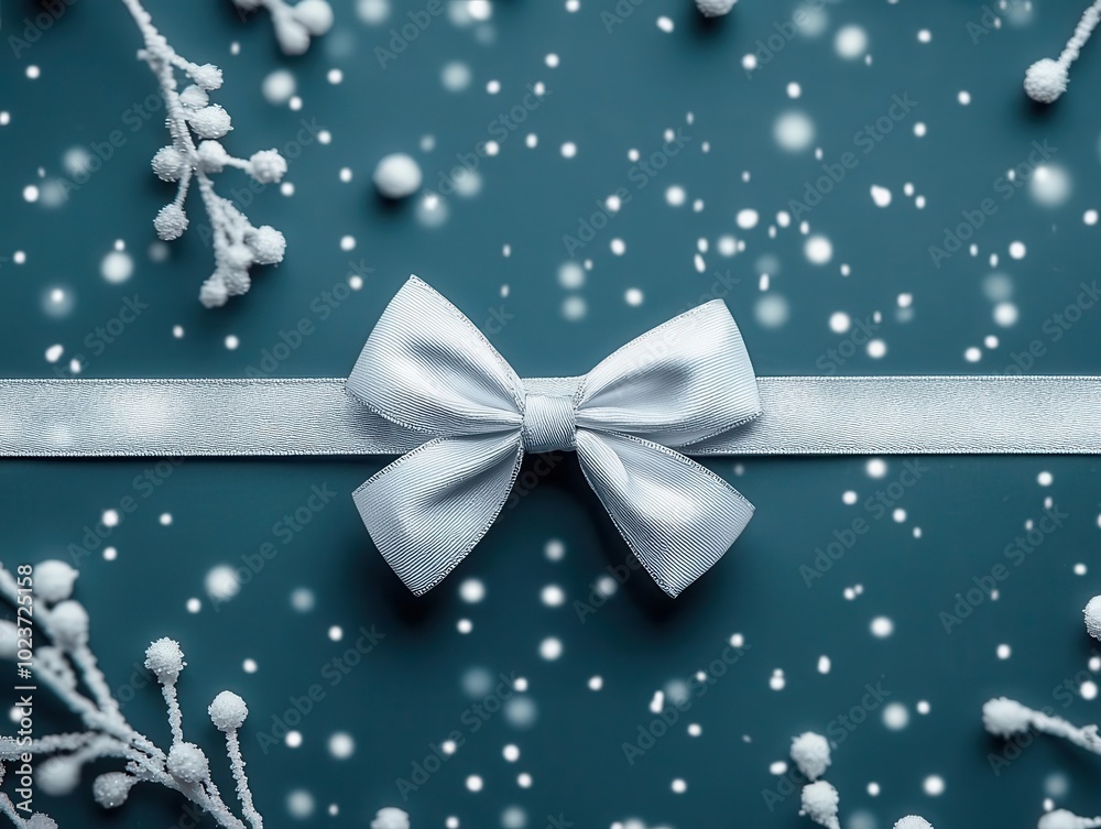 Delicate silver bow, frost-covered background, winter charm, watercolor style Delicate silver bow, frost-covered background, winter charm, watercolor style