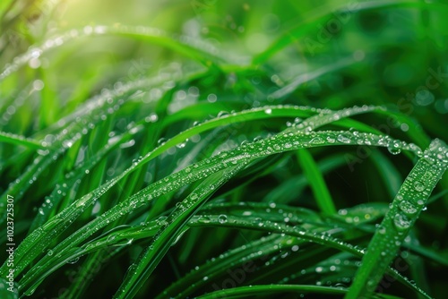 Macro photo of morning dew on green grass. Beauty of nature.