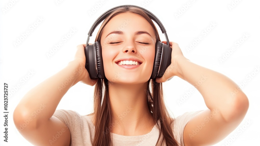 Happy woman wearing headphones on white. Happy woman wearing headphones on white.
