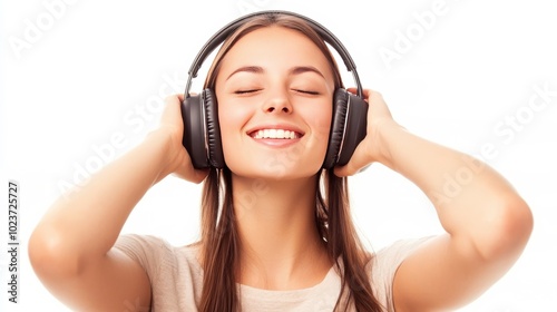 Happy woman wearing headphones on white.