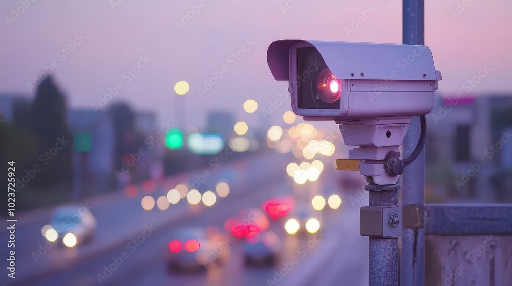 High-tech road speed radar camera capturing a speeding car, urban highway scene, bright lights at night High-tech road speed radar camera capturing a speeding car, urban highway scene, bright lights at night