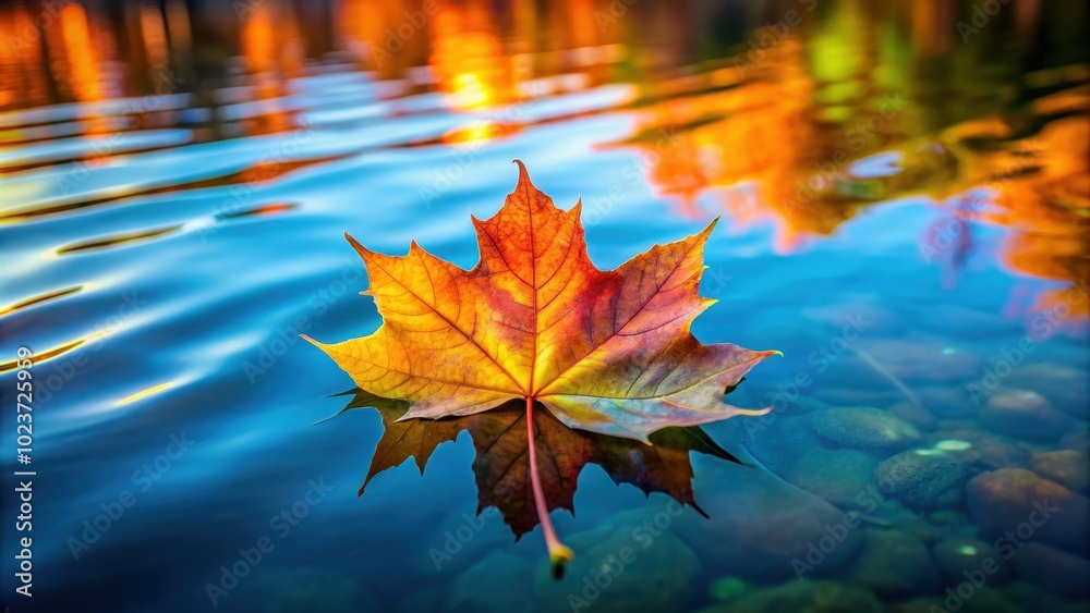 Vibrant autumn leaf floating on clear pond surface, autumn, leaf, vibrant, floating, clear, pond, surface, water, reflection Vibrant autumn leaf floating on clear pond surface, autumn, leaf, vibrant, floating, clear, pond, surface, water, reflection