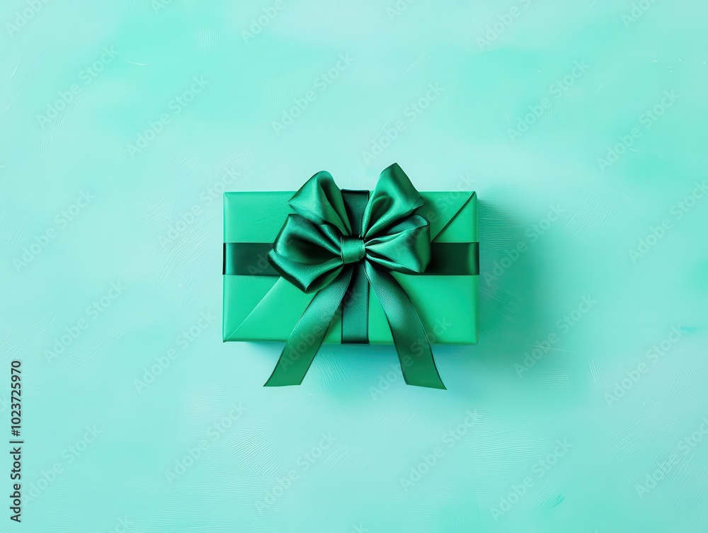 Classic green holiday bow, placed on a gift box, bright watercolor effect Classic green holiday bow, placed on a gift box, bright watercolor effect