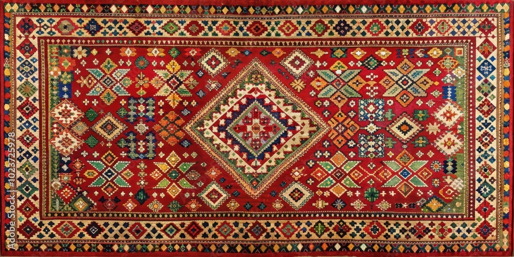 Old handmade Slavic folklore carpet with intricate patterns from Russia, Serbia, Poland, Czechia, Slovakia, Slovenia Old handmade Slavic folklore carpet with intricate patterns from Russia, Serbia, Poland, Czechia, Slovakia, Slovenia