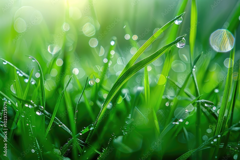 Fototapeta premium Morning dew on green grass in nature beauty and purity.