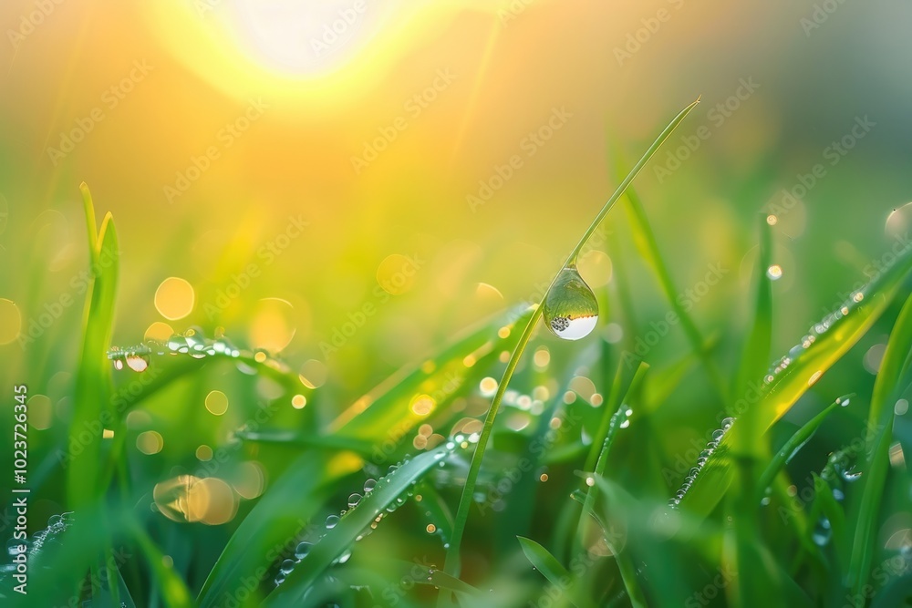 Fototapeta premium Beautiful large transparent drop of water dew on grass close up.Natural background.