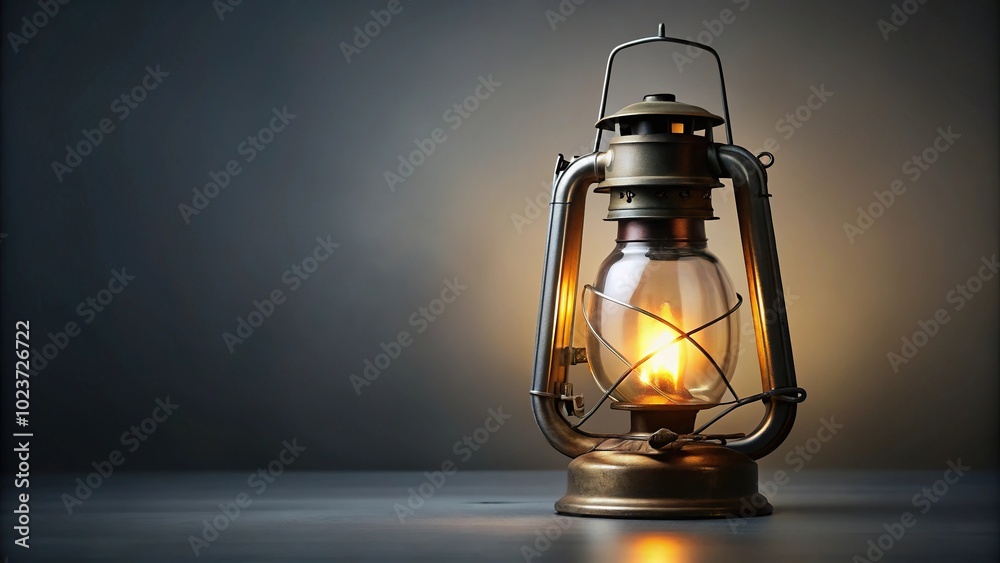 Lit kerosene lamp on gray background with forced perspective Lit kerosene lamp on gray background with forced perspective