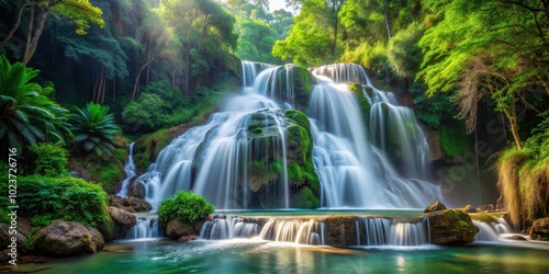 A stunning waterfall cascading down a lush forest landscape, waterfall, forest, nature, serene, peaceful, tranquil, wilderness