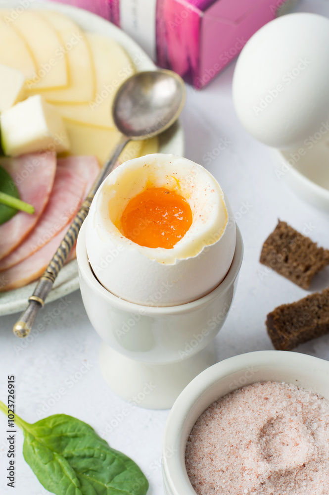Boiled egg in a stand, pink Himalayan salt, ham, cheese, bread. Light breakfast, diet, nutrition Boiled egg in a stand, pink Himalayan salt, ham, cheese, bread. Light breakfast, diet, nutrition