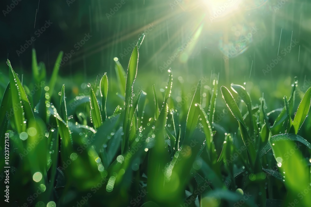 Naklejka premium Macro close up of water droplets on young wheat shoots.
