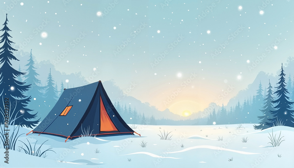 Winter family camping trip with tent in snowy landscape at sunrise Winter family camping trip with tent in snowy landscape at sunrise