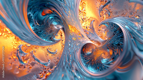 Fractal Fluid Art in Blue and Orange with Backlight. Generative AI