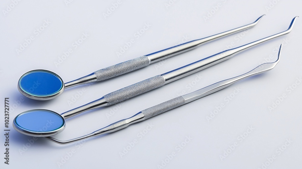 Dental Tools Gleaming on a White Surface Dental Tools Gleaming on a White Surface