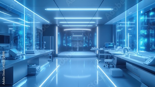 Futuristic Hospital Corridor with Bright Neon Lighting