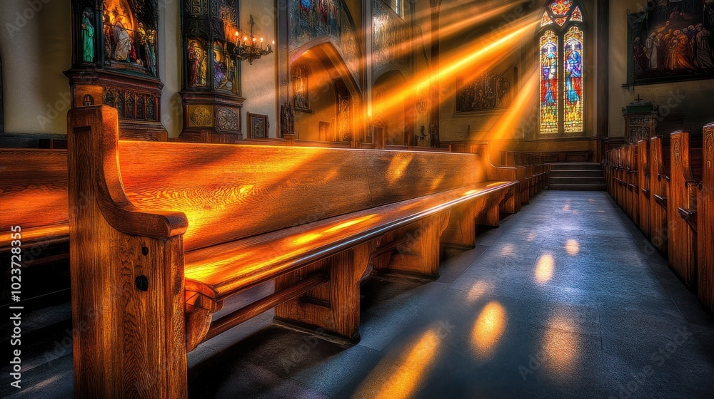 Old wooden church benches bathed in sunlight, serene atmosphere with rays filtering through stained glass windows Old wooden church benches bathed in sunlight, serene atmosphere with rays filtering through stained glass windows