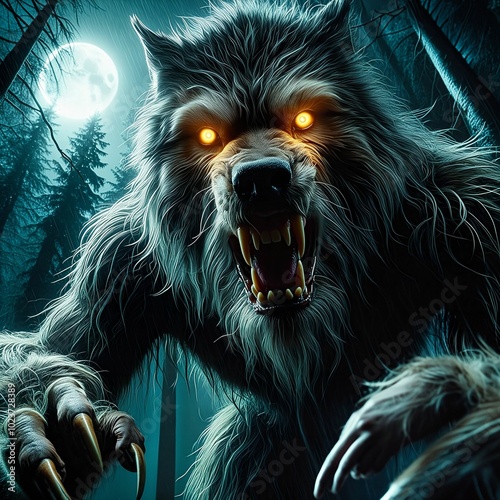 Photo of attacking werewolf. Howling at the full moon in a forest. Sinister werewolf in gloomy night forest. Full body portrait of scary werewolf mythical creature. Dark woods. Generative AI photo